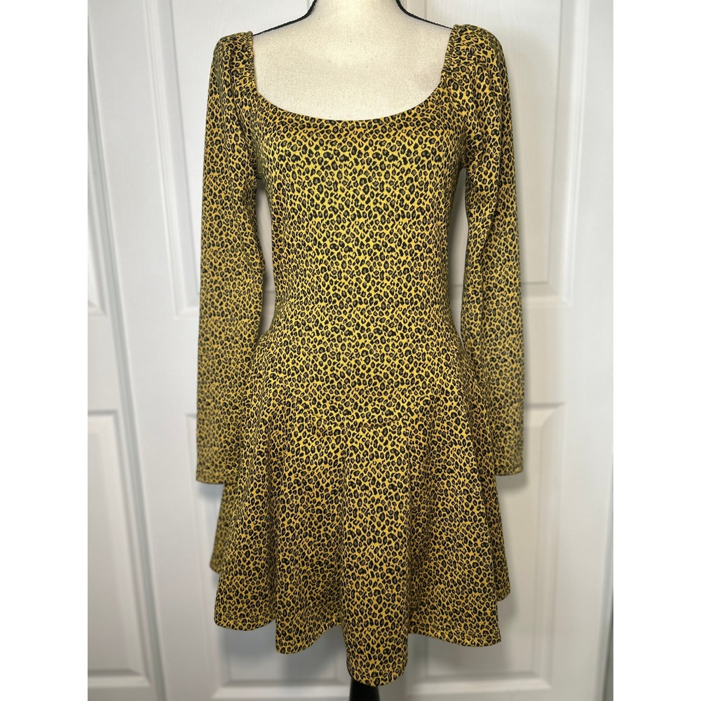 NWT Betsey Johnson Yellow Leopard Y2k Long Sleeve Fit Flare Mini Dress Small